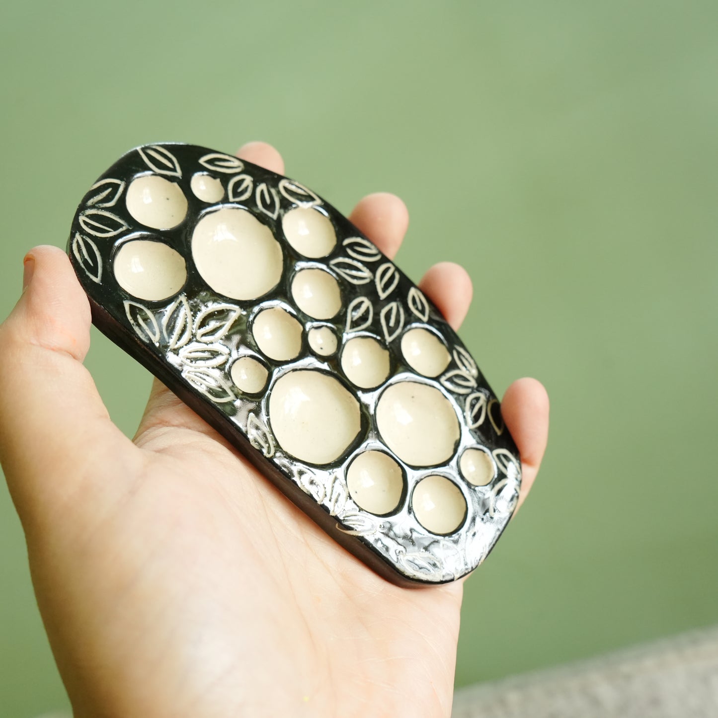 Handmade Ceramic Palette - Sgraffito Black & White floral design